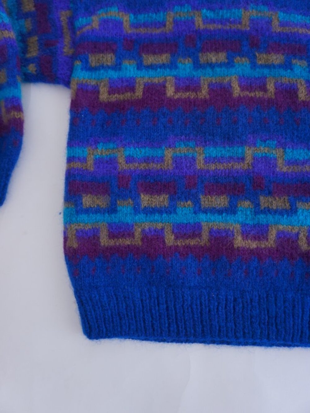 Handmade Nepal Blue Purple Geometric Fuzzy Wool Nordic Knit Sweater Nordic L - Picture 6 of 10